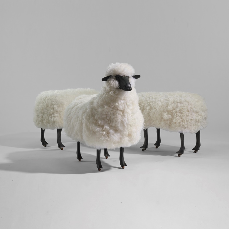 François-Xavier Lalanne (1927-2008), ‘Moutons de laine’, sheep and two ottomans, 1969-1971. Sheep 35 x 20 x 38  in (89 x 50.8 x 96.5 cm). Each ottoman 22½ x 19 x 31  in (57 x 48.3 x 78.7 cm). Estimate $800,000-1,200,000. Offered in Design on 9 December 2021 at Christie’s in New York