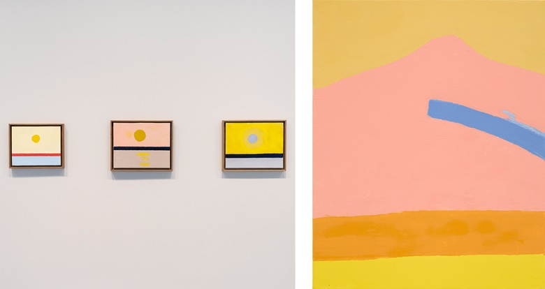 Left Installation view, Etel Adnan Light’s New Measure, Solomon R. Guggenheim Museum, New York. Photo David Heald © Solomon R. Guggenheim Foundation, 2021. Right Etel Adnan, Untitled, 2018. Courtesy the Artist and White Cube © Etel Adnan