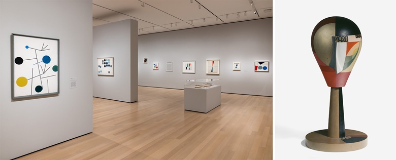 Left Installation view, Sophie Taeuber-Arp Living Abstraction, Museum of Modern Art, New York. Photo Jonathan Muzikar. Right Sophie Taeuber-Arp. Dada Head. 1920. Musée National d’Art Moderne, Centre Georges Pompidou, Paris. © CNACMNAMDist. RMN-Grand PalaisArt Resource, NY, photo Philippe Migeat
