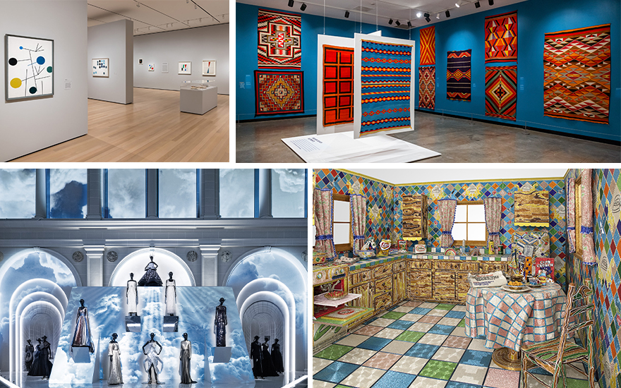 Clockwise Installation view, Sophie Taeuber-Arp Living Abstraction, Museum of Modern Art, New York. Photo Jonathan Muzikar; Installation view, Color Riot! How Color Changed Navajo Textiles, Montclair