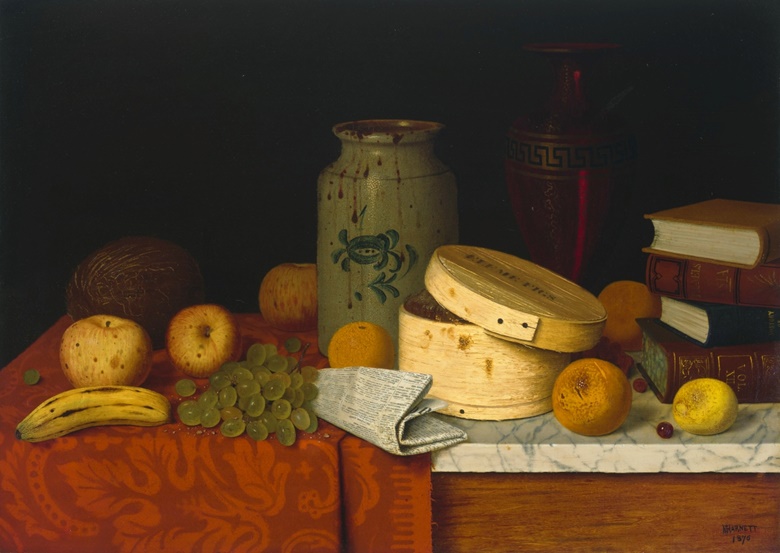 William Michael Harnett (1848-1892), Eleme Figs and Newspaper, 1876. Oil on canvas. 20 x 28 in (50.8 x 71.1 cm). Estimate $60,000-80,000. Offered in 19th Century American Art on 19 January 2022 at Christie's in New York