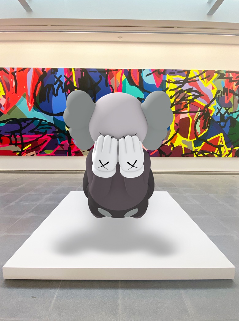 KAWS, COMPANION (EXPANDED), 2020. Augmented-reality sculpture at Serpentine North. Courtesy of KAWS and Acute Art