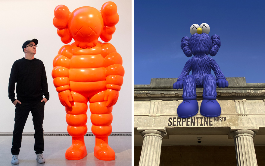 KAWS with his work WHAT PARTY, 2020, at London’s Serpentine North. Photo Elliott Frankseyevine. Right, KAWS, SEEING, 2022, an augmented-reality sculpture above the gallery’s entrance.