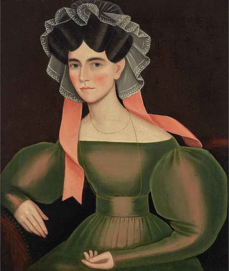 Ammi Phillips (1788-1865), Woman with Pink Ribbons, 1833. Oil on canvas. 31¾ x 27  in (81 x 69cm). Estimate $800,000-1,200,000. Offered in The Collection of Peter and Barbara Goodman on 20 January 2022 at Christie’s in New York