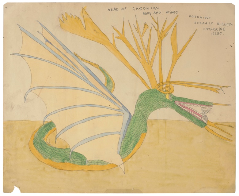 Henry Darger (1892-1973), Head of Gagonian Body and Wings Poisonous Oceanic Blengin Catherine Isles. Graphite, ink and watercolour on brown paper. 14 x 17 in (36 x 43 cm). Estimate $40,000-80,000. Offered in Outsider Art on 3 February 2022 at Christies in New York