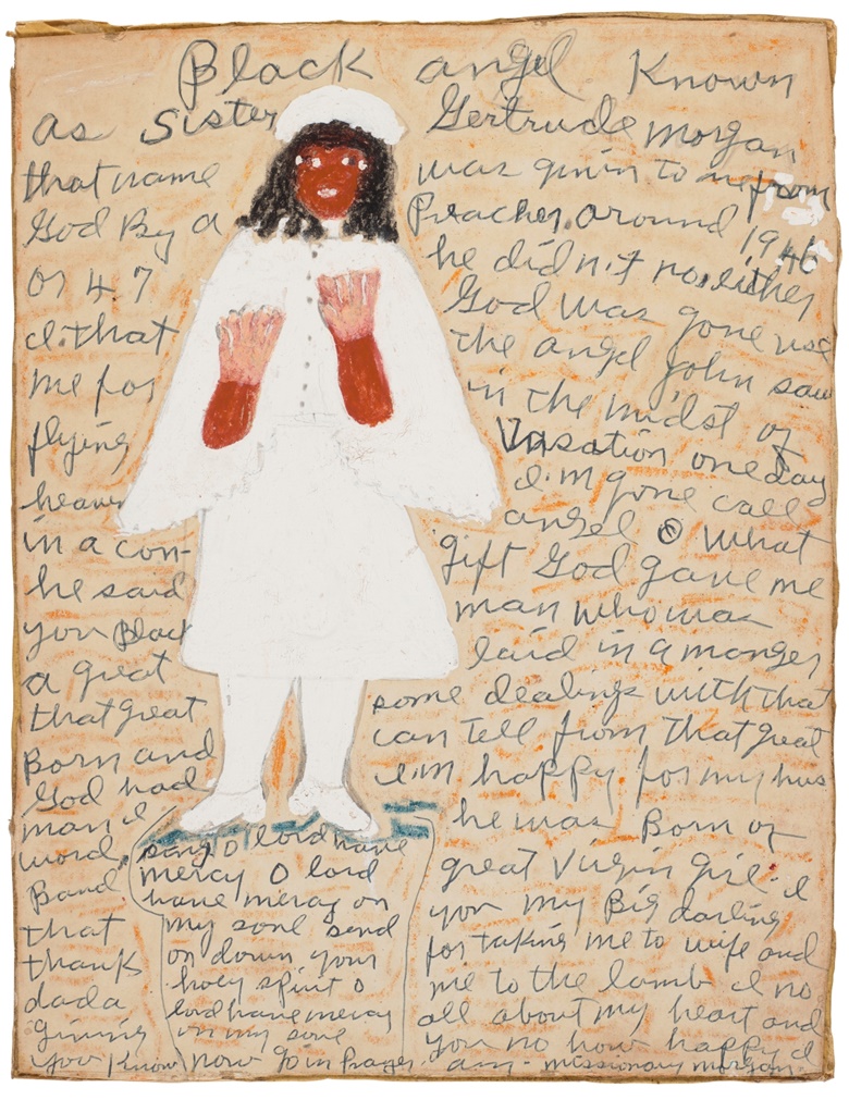 Sister Gertrude Morgan (1900-1980), Black Angel. Tempera, ink and crayon on card. 9½ x 7 in (24 x 18 cm). Estimate $3,000-5,000. Offered in Outsider Art on 3 February 2022 at Christies in New York