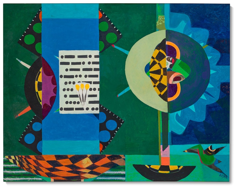 艾琳·阿加尔(1899-1991)，《摩斯密码》，1963年作。油彩 画布。30 x 38英寸(76.3 x 96.4公分)。估价︰5,000-7,000英镑。此作于2022年2月23日至3月9日在「First Open｜战后及当代艺术网上拍卖」呈献