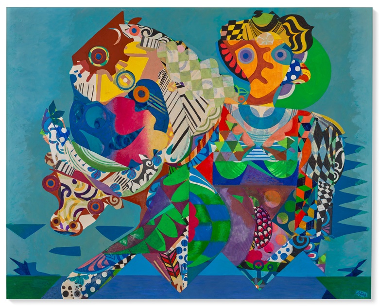 艾琳·阿加尔(1899-1991)，《欧罗巴回归》，1971年作。油彩 画布。48 x 60英寸(122 x 152.5公分)。估价︰12,000-18,000英镑。此作于2022年3月2日在佳士得伦敦战后及当代艺术日间拍卖呈献