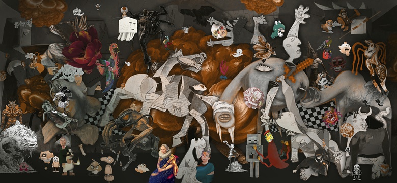 Raghava KK, Guernica IV, 2020. Acrylic on Canvas. 256 x 536cm. Photo courtesy of Volte Art Projects