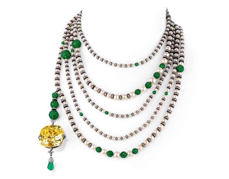 Fancy vivid yellow diamond, emerald and pearl sautoir by JAR. Offered in Rock Party — A Selling Exhibition of Jewellery Wonders (7-13 March) at Christie’s in Dubai. Price on request