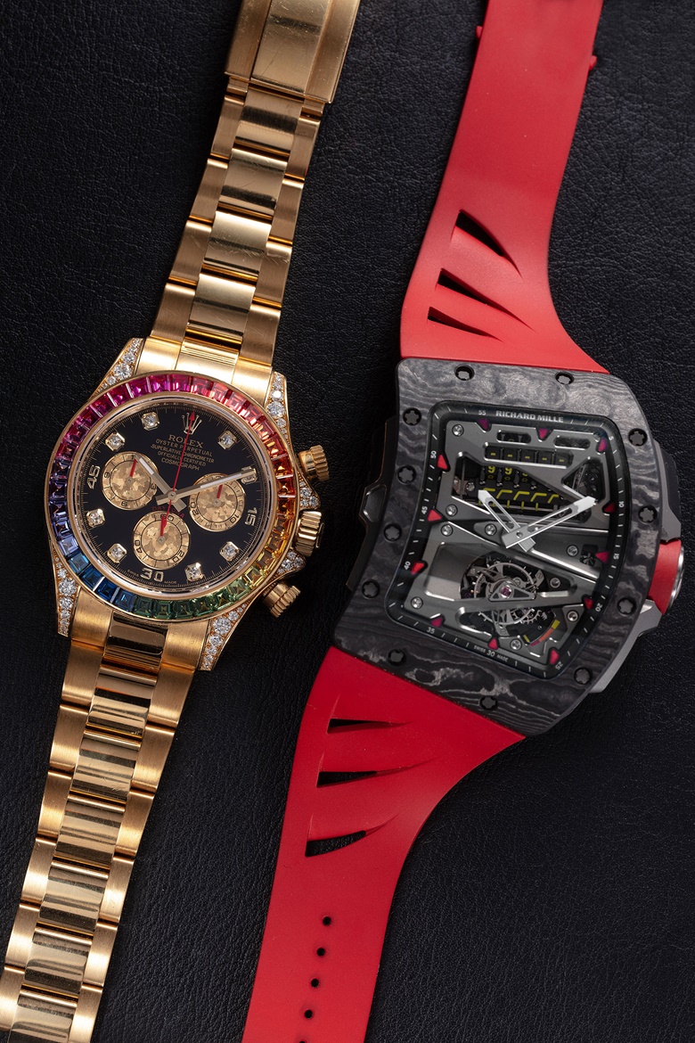 The Rolex Daytona Rainbow and Richard Mille RM 70-01 Tourbillon Alain Prost, both offered in Watches Online The Dubai Edit, 15-29 March 2022