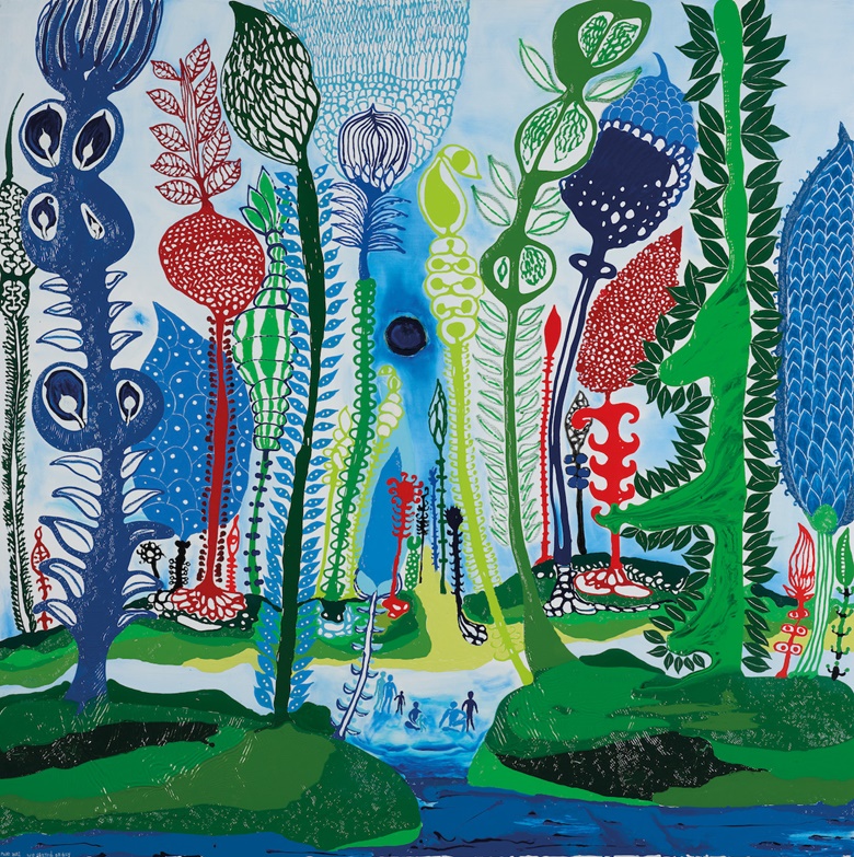 John Pule (b.1962), We Stayed All Day, 2021. Oil, varnish, ink, pastel and enamel paint on canvas. 59 x 59¼ in (150 x 150.5 cm). Estimate €20,000-30,000. Offered in OCEANIA NOW  Contemporary Art from the Pacific  Online, 11 February–1 March