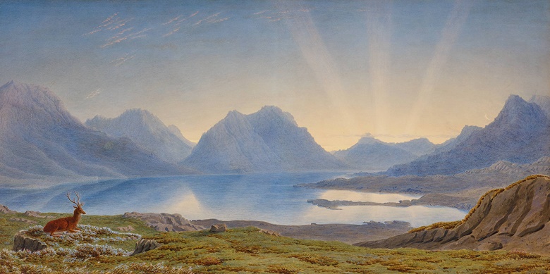 William Turner of Oxford (1889-1862), Dawn, Loch Torridon, Western Highlands, Scotland. Pencil, watercolour and touches of bodycolour, heightened with gum arabic on paper. 17½ x 34¾ in (44.4 x 88.3 cm). Sold for  £25,200 on 24 March 2022, Online