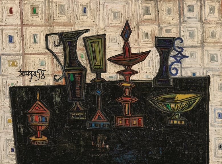 Francis Newton Souza (1924-2002), Still Life, 1958. Oil on board. 35⅝  x 48 in (90.5 x 121.9 cm). Estimate $400,000-600,000. Offered in South Asian Modern + Contemporary Art Including Works from the Collection of Mahinder and Sharad Tak on 23 March 2022 at Christie’s in New York