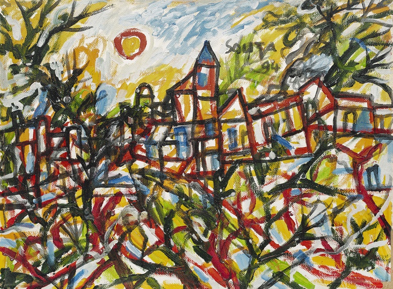 Francis Newton Souza (1924-2002), Untitled (Landscape with Sun), 1994. Oil on paper. 18 x 24 in (445.7 x 61 cm). Estimate $12,000-18,000. Offered in South Asian Modern + Contemporary Art Online from 15 March-30 March 2022 at Christie’s Online