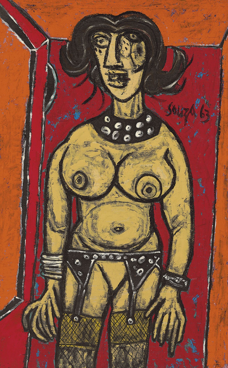 Francis Newton Souza (1924-2002), Untitled (Nude with Garters), 1963. Oil on canvas. 60¾ x 37⅞ (154.3 x 96.2 cm). Estimate $120,000-180,000. Offered in South Asian Modern + Contemporary Art Including Works from the Collection of Mahinder and Sharad Tak from 23 March 2022 at Christie’s Online