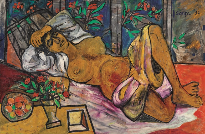 Francis Newton Souza (1924-2002), Untitled (Reclining Nude), 1992. Acrylic on canvas. 48 x 72  in (122.3 x 182.8  cm). Estimate $70,000–90,000. Offered in South Asian Modern + Contemporary Art Including Works from the Collection of Mahinder and Sharad Tak on 23 March 2022 at Christie’s in New York