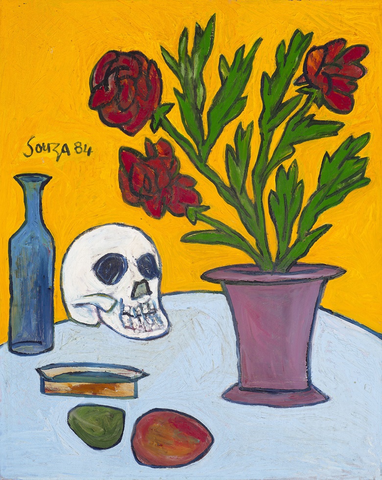 Francis Newton Souza (1924-2002), Untitled (Still Life with Skull), 1984. Acrylic on canvas. 30 x 24  in (76.2 x 61  cm). Estimate $25,000–35,000. Offered in South Asian Modern + Contemporary Art Including Works from the Collection of Mahinder and Sharad Tak on 23 March 2022 at Christie’s in New York
