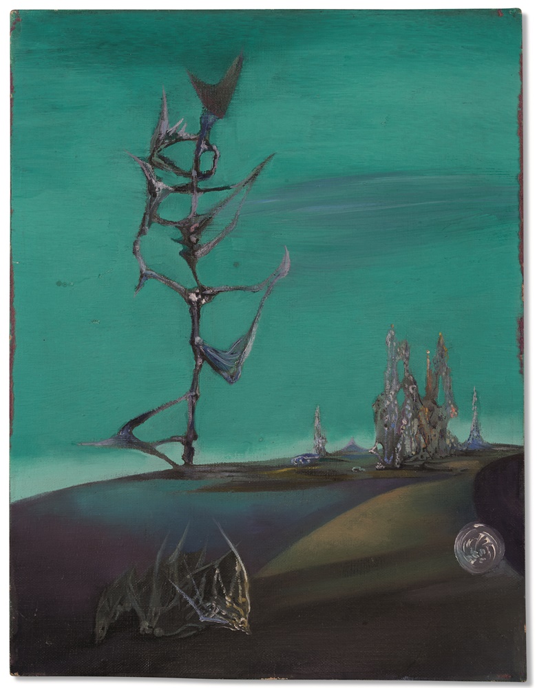 Wolfgang Paalen (1905-1959), Paysage totémique de mon enfance (III), 1937. Oil on canvasboard. 13⅝ x 10½ in (34.7 x 26.6 cm). Estimate €40,000-60,000. Offered in Une passion surréaliste Collection Inna & Boris Salomon on 30 March at Christies in Paris