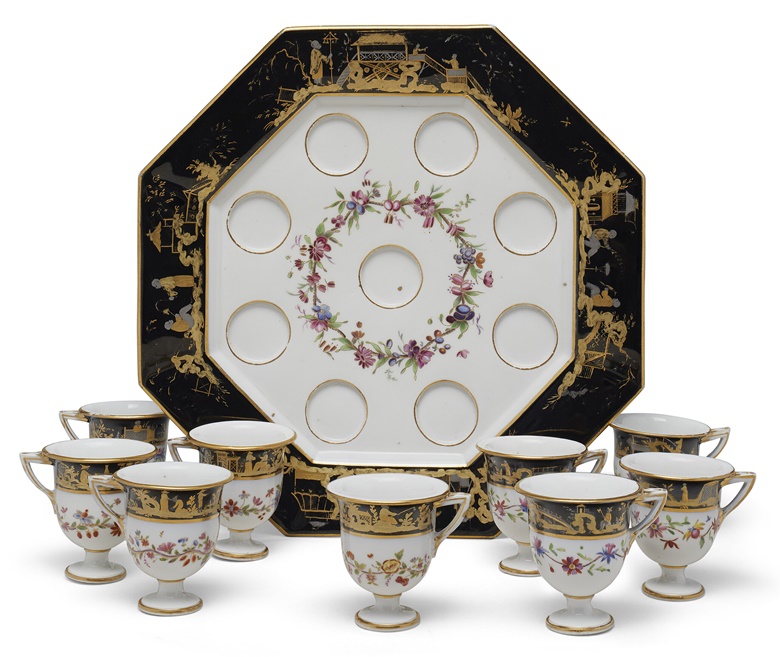 A Sèvres hard paste porcelain black-ground octagonal ice-cup tray and nine ice-cups, circa 1792