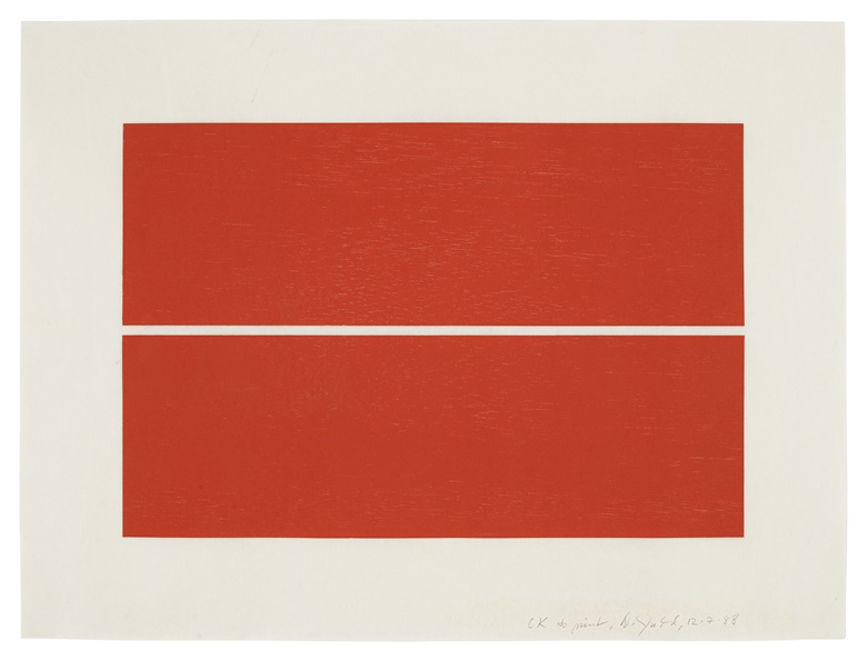 Donald Judd (1928-1994), Untitled one print, 1988. Woodcut in cadmium red, on Okawara paper. Image 15⅝ x 23½ in (397 x 597 mm). Sheet 23½ x 31½ in (597 x 800 mm). Estimate $15,000-20,000. Offered in Prints and Multiples on 22 April 2022 at Christies in New York