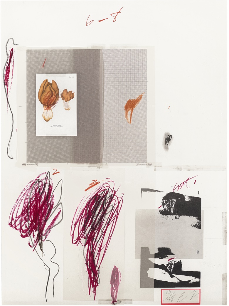Cy Twombly (1928-2011), No. IX, from Natural History Part I Mushrooms, 1974. Lithograph, grano-lithograph and collotype in colors with collage and hand-coloring in crayon, on Rives Couronne paper. Sheet 29¾ x 21⅞ in (756 x 556 mm). Estimate $7,000 – 10,000. Offered in Prints and Multiples on 22 April 2022 at Christies in New York