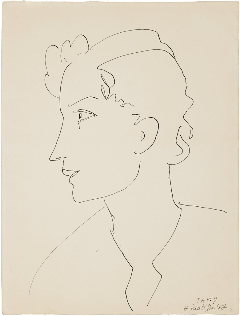 Henri Matisse (1869-1954), Jaky, 1947. Charcoal and estompe on paper. 19⅜ x 14	⅝ in (49.4 x 37.2 cm). Estimate £34,000-50,000. Offered in Collection Jacqueline Matisse Monnier on 13 April 2022 at Christies in Paris