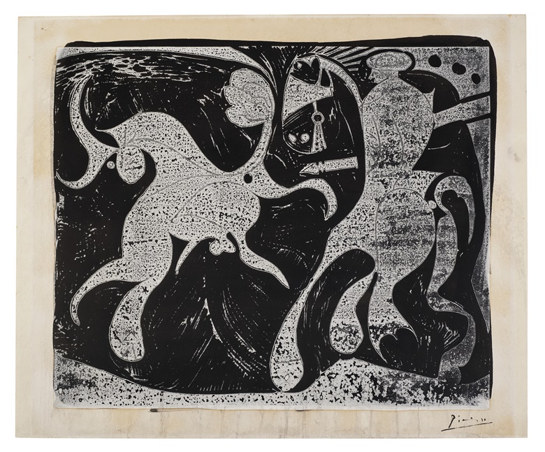 Pablo Picasso (1881-1973), Après la pique, 1959. Linocut rincée with encre de Chine, on Arches paper, signed in ink, one of a small number of impressions. Image 20⅜ x 25⅜ in. (518 x 645 mm.). Sheet 24¼ x 29⅜ in. (616 x 746 mm.). Estimate $30,000-50,000. Offered in Prints and Multiples on 22 April 2022 at Christies in New York