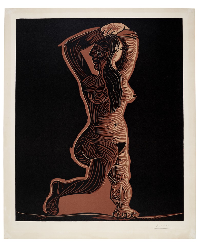 Pablo Picasso (1881-1973), Grand Nu de femme, 1962. Linocut in colors, on Arches paper, signed in pencil, numbered 850, published by galerie Louise Leiris, Paris, 1963. Image 25¼ x 20¾ in. (641 x 527 mm.). Sheet 28⅝ x 23¾ in. (727 x 603 mm.). Estimate $40,000-60,000. Offered in Prints and Multiples on 22 April 2022 at Christies in New York