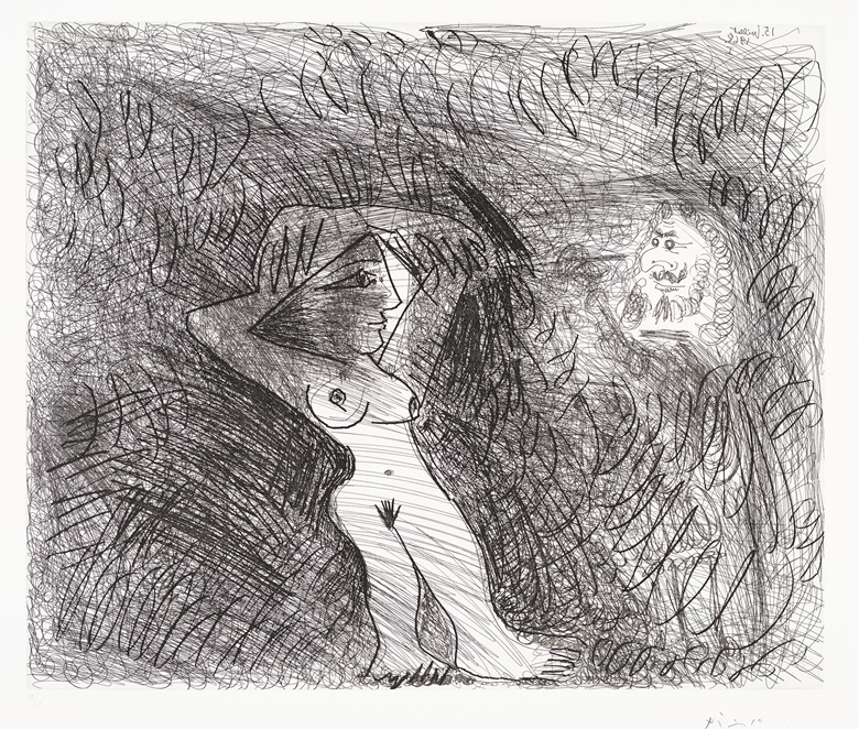 Pablo Picasso (1881-1973), Peintre peignant sur son modèle, from Series 347, 1968. Etching, on wove paper, signed in pencil, numbered 1850 (there were also seventeen artists proofs), published by galerie Louise Leiris, 1969. Image 16¼ x 19½ in. (412 x 495 mm.). Sheet 22¼ x 25¼ in. (564 x 640 mm.). Estimate $6,000-8,000. Offered in Prints and Multiples on 22 April