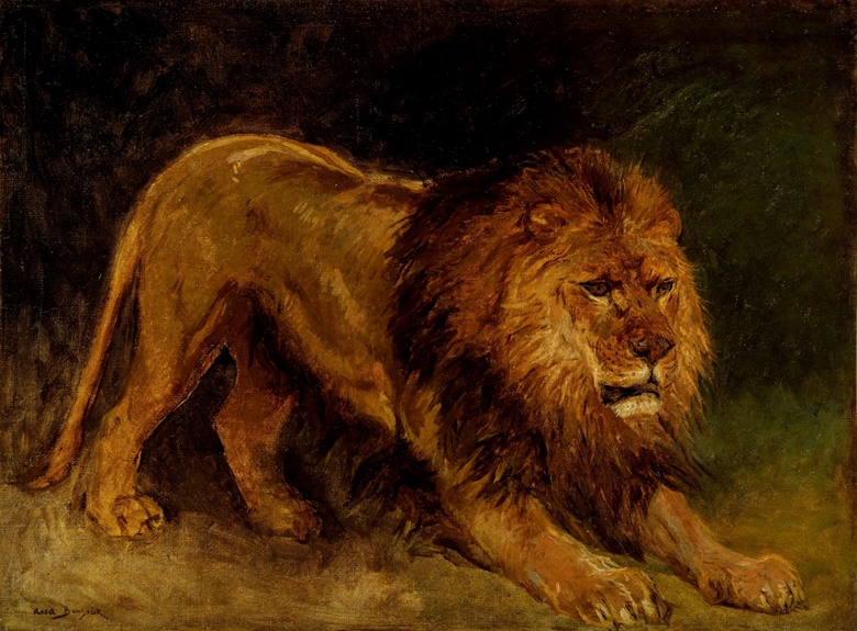 Rosa Bonheur (1822-1899), Lion guettant une proie. Oil on canvas. 17¾ x 23⅝ in (45 x 60 cm). Estimate $20,000-30,000. Offered in European Art on 1-12 April at Christies Online
