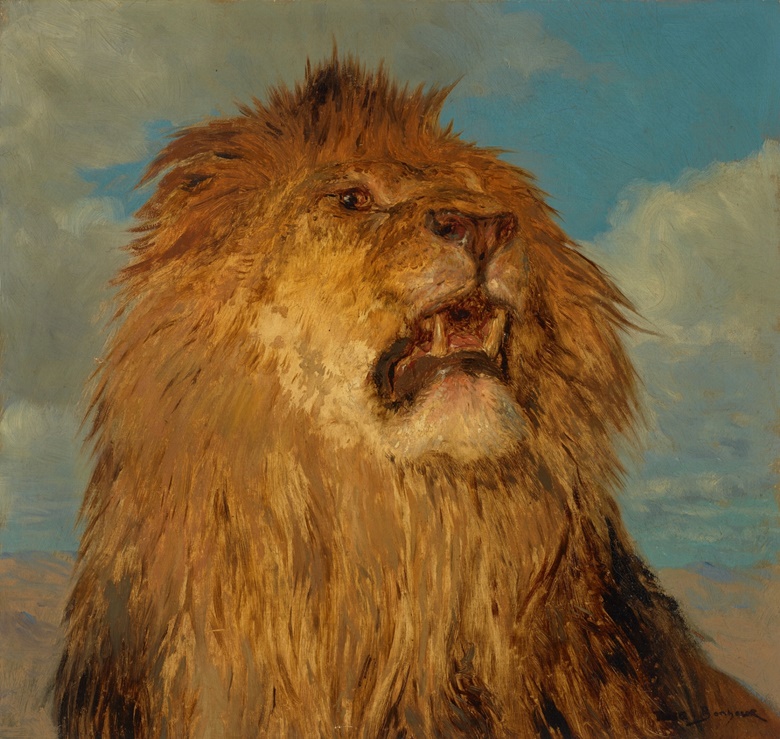 Rosa Bonheur (1822-1899), Study of a Lion Roaring, 1884. Oil on canvas. 14¼ x 15  in (36.2 x 38.1  cm). Estimate $20,000-30,000. Offered in European Art on 1-12 April at Christies Online