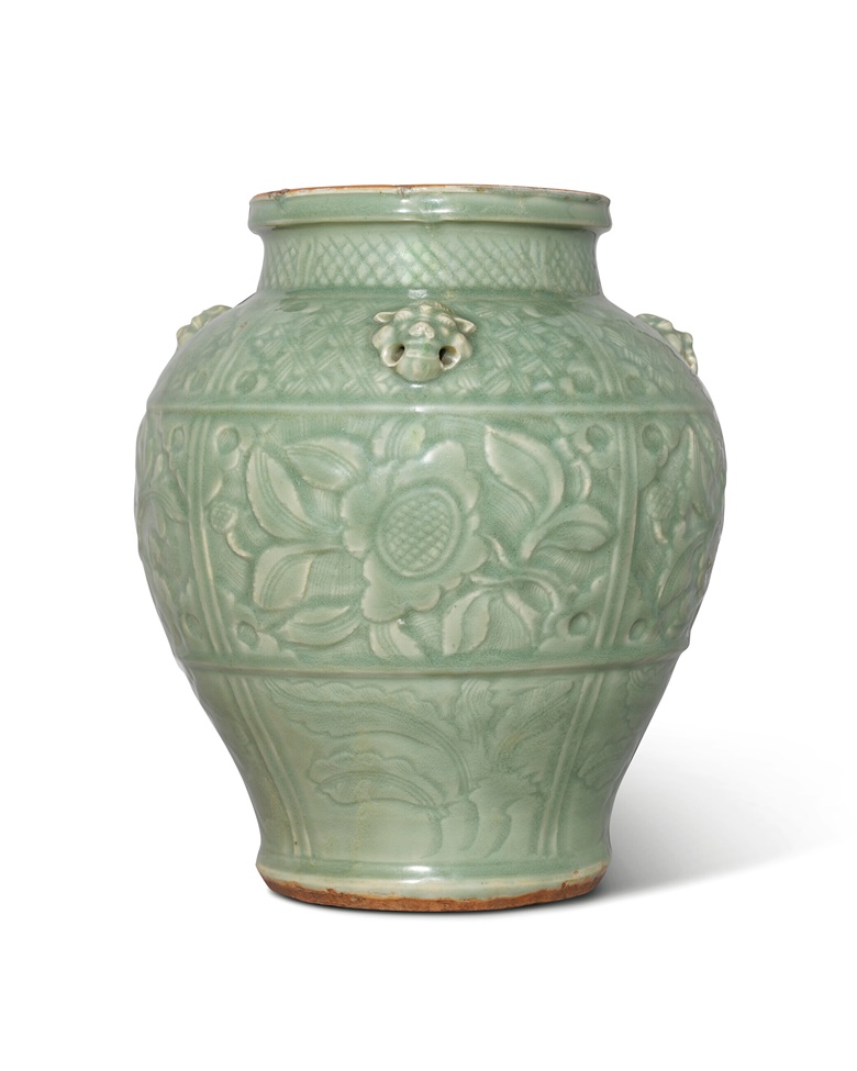 An important and extremely rare carved longquan celadon jar. Yuan Dynasty (1279-1368). 11¾ in (29.8 cm) high. Sold for HKD 4,410,000 on 30 May 2022 at Christie's in Hong Kong