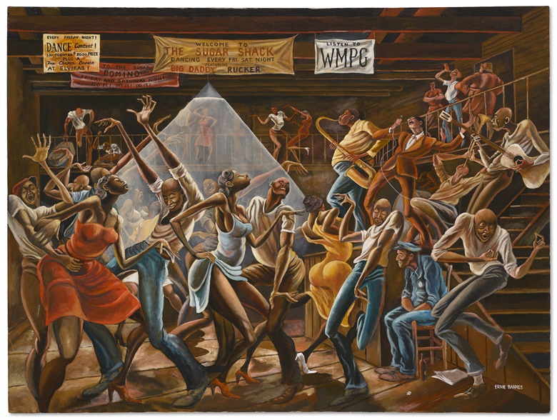 Ernie Barnes (1938-2009), The Sugar Shack, 1976. Acrylic on canvas. 36 x 48 in (91.4 x 121.9 cm). Sold for $15,275,000 on 12 May 2022 in 20th Century Sale at Christies in New York