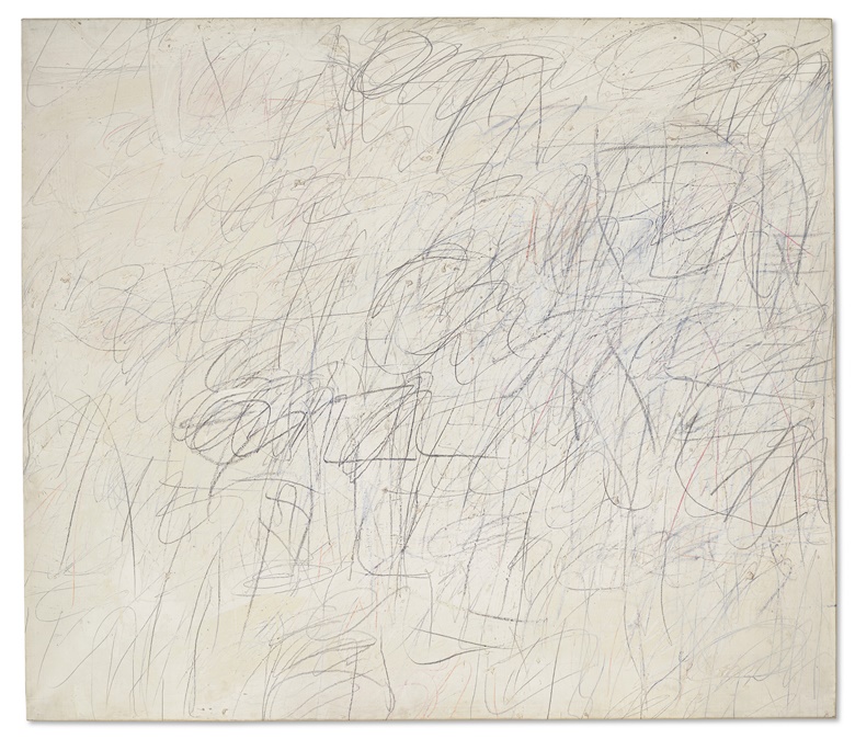 Cy Twombly (1928-2011), Untitled, 1955. Oil-based house paint, wax crayon, coloured pencil and lead pencil on canvas. 50 x 57⅞ in (127 x 147 cm). Sold for $21,000,00 Offered in The Collection of Thomas and Doris Ammann Evening Sale on 9 May at Christies in New York