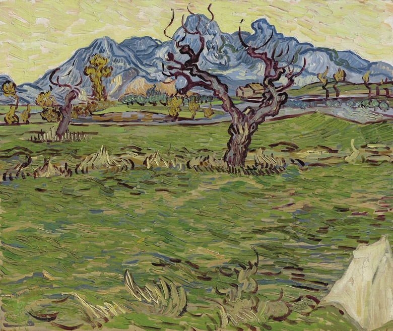 Vincent van Gogh (1853-1890), Champs près des Alpilles, 1889. Oil on canvas. 18⅛ x 21¾ in (46.2 x 55.2 cm). Sold for $51,915,000 in 20th Century Evening Sale on 12 May 2022 at Christies in New York