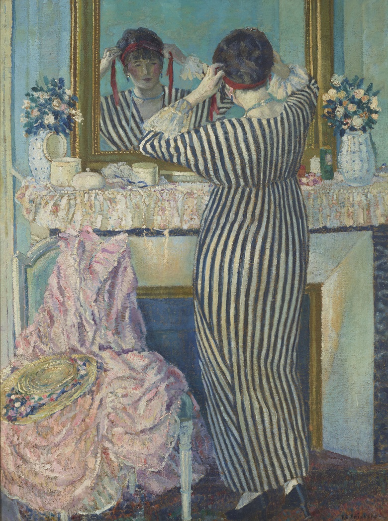 Frederick Carl Frieseke (1847-1939), Girl Dressing Her Hair, 1912. Oil on canvas. 54 x 40 in (137.2 x 101.6 cm)
