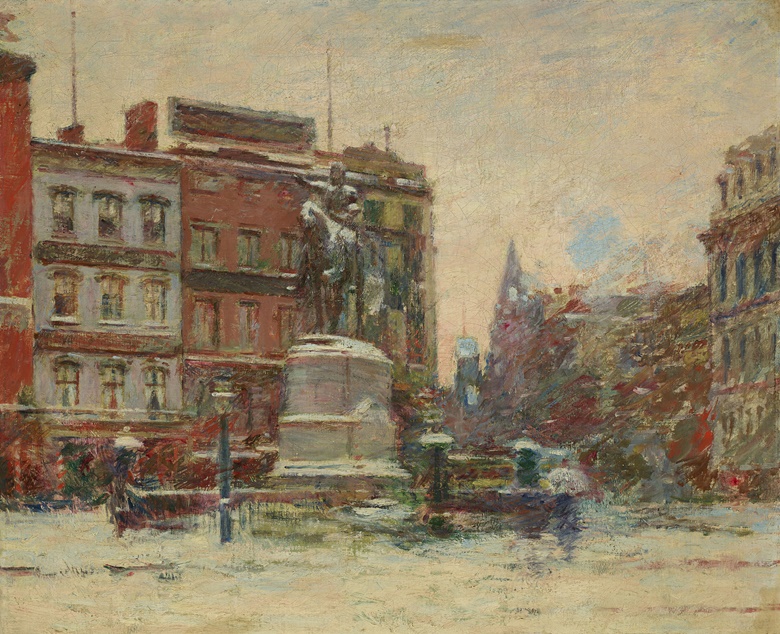 Theodore Robinson (1852-1896), Union Square, Winter (Washington Monument), 1894-95. Oil on canvas. 18 x 22 in (45.7 x 55.9 cm). Sold for $113,400 in American Art on 17 May 2022 at Christies in New York