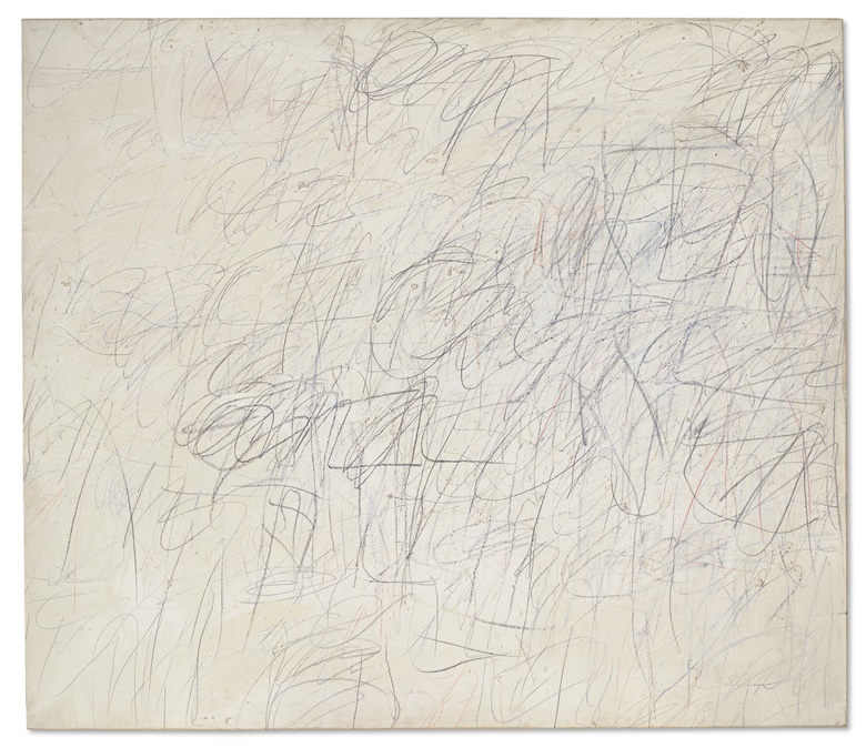 Cy Twombly (1928-2011), Untitled, 1955. Oil-based house paint, wax crayon, coloured pencil and lead pencil on canvas. 50 x 57⅞ in (127 x 147 cm). Estimate $10,000,000-15,000,000. Offered in The Collection of Thomas and Doris Ammann Evening Sale on 9 May at Christies in New York