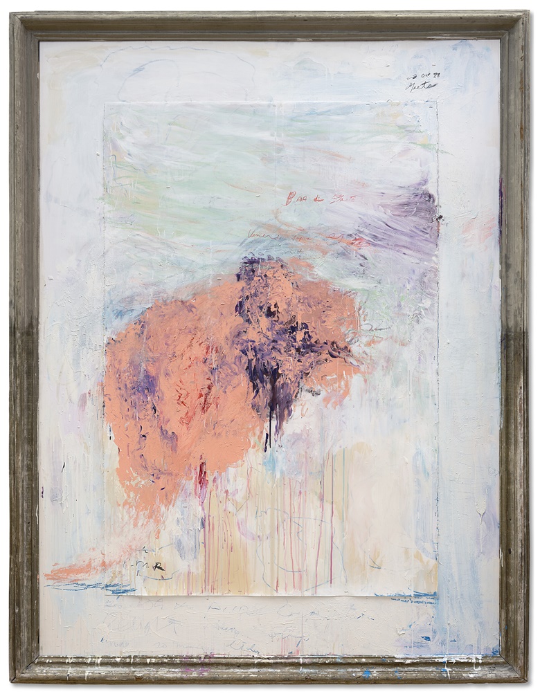 Cy Twombly (1928-2011), Venere Sopra Gaeta, 1988. Acrylic, oil-based house paint, wax crayon, coloured pencil and lead pencil on paper and wooden panel, in artists frame. 99 x 76¾ in (251.5 x 195 cm). Estimate $10,000,000-15,000,000. Offered in The Collection of Thomas and Doris Ammann Evening Sale on 9 May at Christies in New York