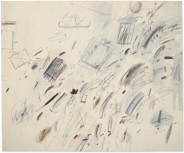 Cy Twombly (1928-2011), Untitled [Bolsena], 1969. Oil-based house paint, wax crayon, graphite and felt-tip pen on canvas. 78½ x 94½ in (199.4 x 240 cm). Sold for $38,685,000 on 6 October 2020 in 20th Century Evening Sale at Christie’s in New York © Cy Twombly Foundation