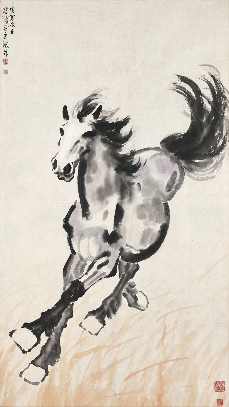徐悲鸿（1895-1953），《草枯马蹄轻》，1938年作。设色纸本 立轴。148.5 x 84.1 公分（58 12 x 33 18 英寸）。估价：港元2,000,000 – 3,000,000。此作将于2022年5月29日在中国近现代及当代书画拍卖中呈献