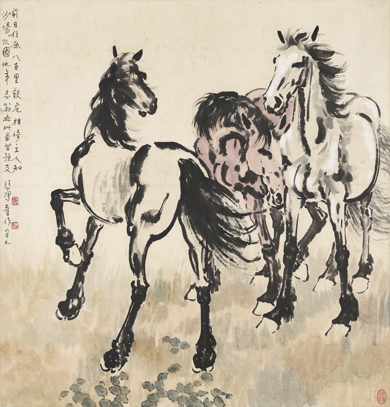 徐悲鸿（1895-1953），《三骏图》，1941年作。设色纸本 立轴。104.8 x 100.8 公分（41 14 x 39 58 英寸）。估价：港元4,000,000 – 6,000,000。此作将于2022年5月29日在中国近现代及当代书画拍卖中呈献