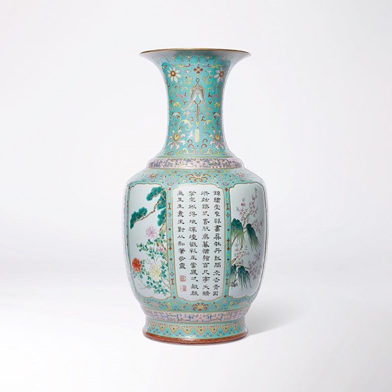 A magnificent large and very rare turquoise-ground yangcai imperially-inscribed ‘Flowers of the Four Seasons’ vase. Qianlong six-character seal mark in iron-red and of the period (1736-1795). 78.3 cm (30⅞ in) high. Estimate HK$8,000,000-12,000,000. Offered in Celestial Brilliance - The Wang Xing Lou Collection of Imperial Qing Dynasty Porcelain on 30 May at Christie’s in Hong
