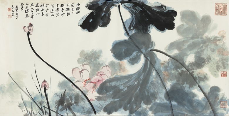 Zhang Daqian (1899-1983), Pink Lotus. Scroll, mounted and framed, ink and colour on paper. 69.5 x 136.5 cm (27⅜ x 53¾ in). Estimate HK$1,500,000-2,000,000. Offered in Fine Chinese Modern and Contemporary Ink Paintings on 29 May 2022 at Christie’s in Hong Kong