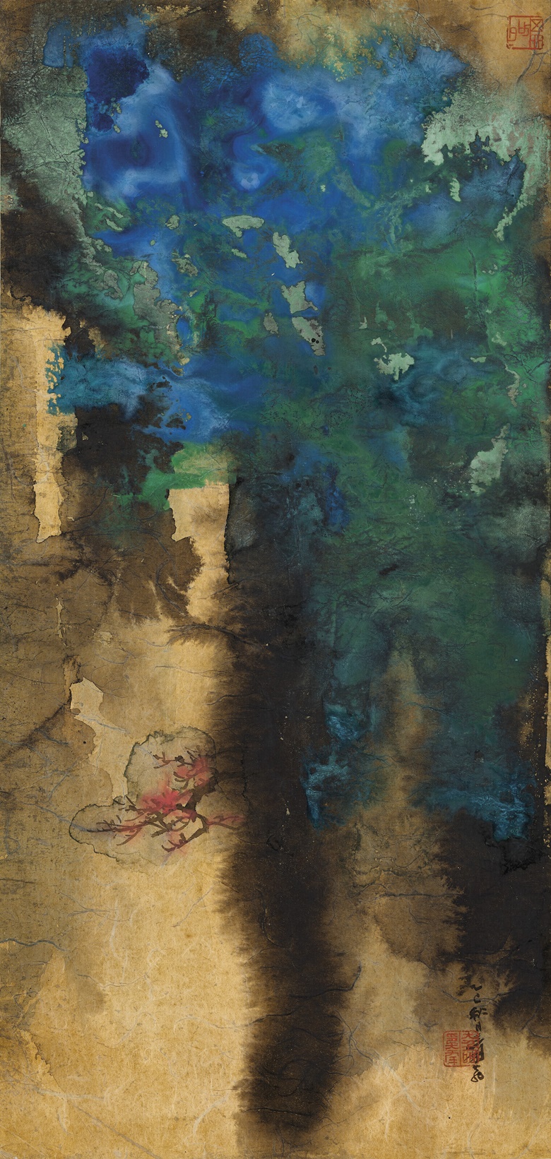 Zhang Daqian (1899-1983), Autumn Foliage on Verdant Hills. Scroll, mounted on woodboard and framed, ink and colour on gold paper. 81 x 38.8 cm (31⅞  x 15¼ in). Estimate HK$6,000,000-8,000,000. Offered in Fine Chinese Modern and Contemporary Ink Paintings on 29 May 2022 at Christie’s in Hong Kong