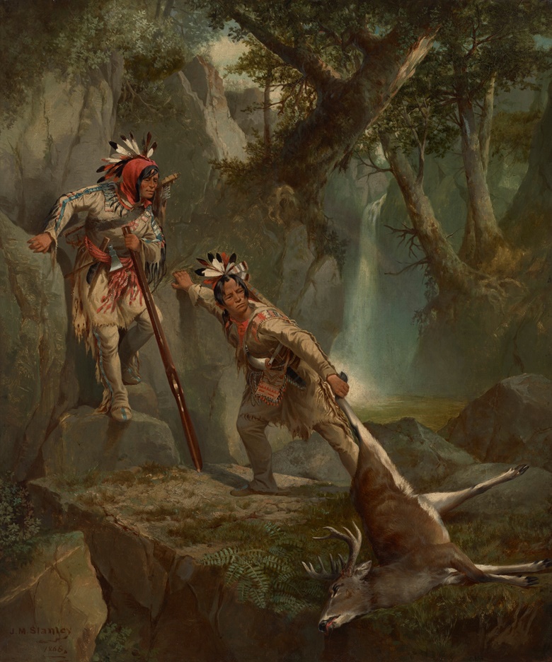 John Mix Stanley (1814-1872), The Deer-Slayers, c. 1868. Oil on canvas. 24 x 20 in (60.9 x 50.8 cm). Sold for $1,071,000 in Stewards of the West The Knobloch Collection on 17 May 2022 at Christies in New York