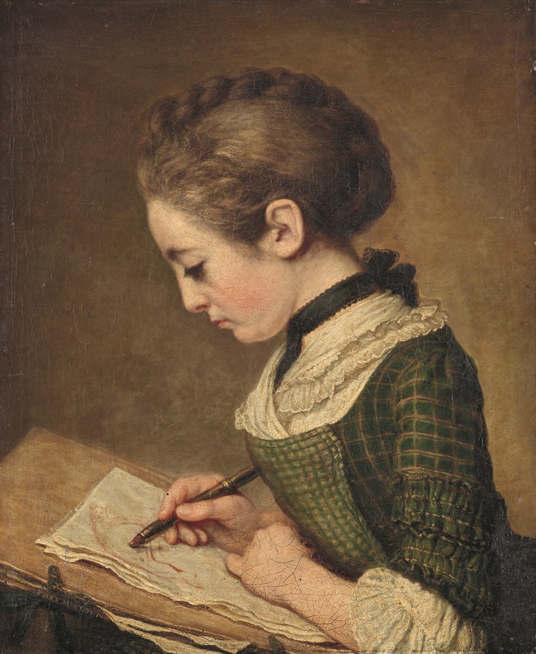 Jacques-André-Joseph Aved (1702-1766), A Young Girl Drawing, Known as La Dessineuse. Oil on canvas, unlined, unframed. Estimate €150,000-250,000. Offered in Maîtres Anciens - Dessins, Peintures, Sculptures on 18 May 2022 at Christies in Paris