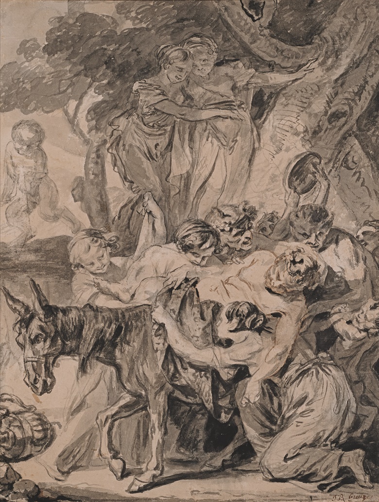 Jean-Baptiste Greuze, La marche de Silène, graphite, pen and black, grey and brown wash, 21⅒ x 14	⅘ in (53.7 x 37.6 cm). Estimation €30,000-50,000. Offered in Maîtres Anciens - Dessins, Peintures, Sculptures on 18 May 2022 at Christies in Paris