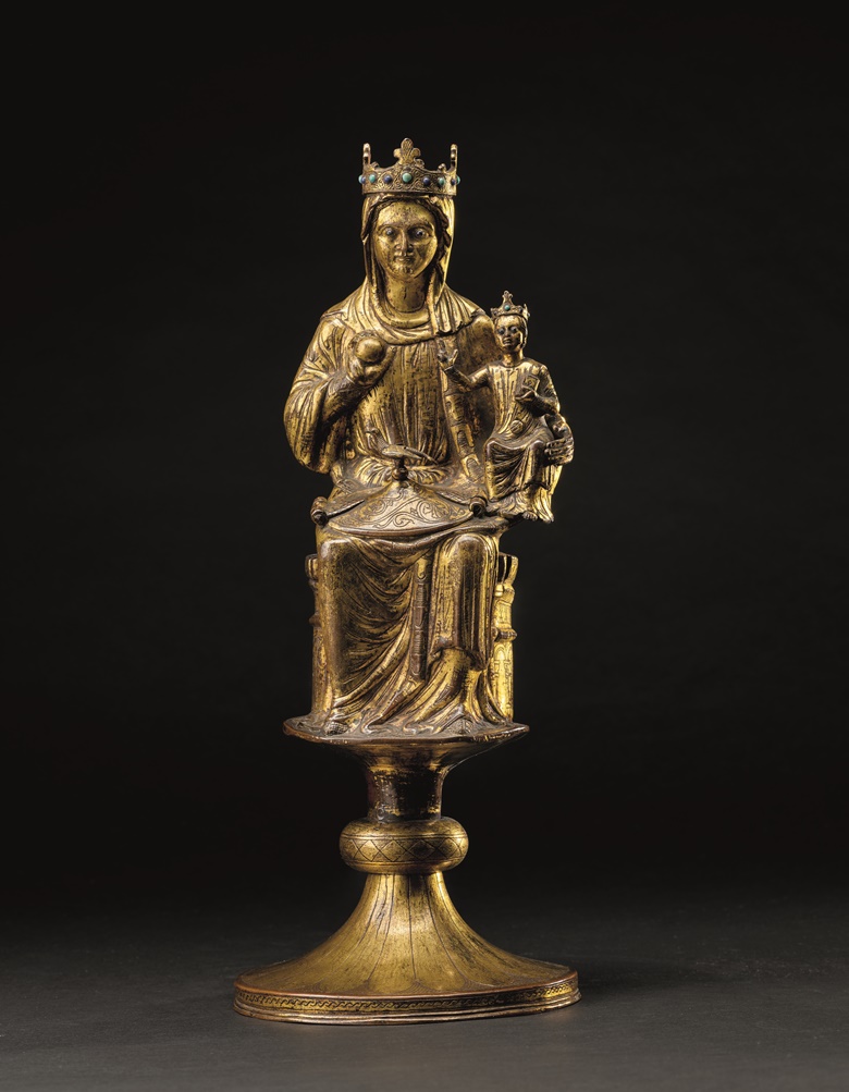 An engraved gilt-copper pyxis representing the Virgin and Child, second half of the 13th century. Embossed, chiselled, engraved and gilded copper with glass beads. 13⅗ in (34.5 cm) high. Estimate €500,000-700,000. Offered in Maîtres Anciens - Dessins, Peintures, Sculptures on 18 May 2022 at Christies in Paris